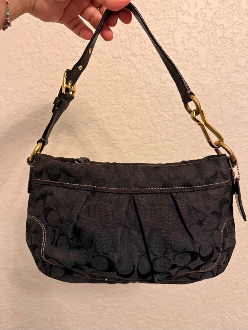Coach Black Signature Jacquard Pleated Shoulder Bag with Gold Hardware
